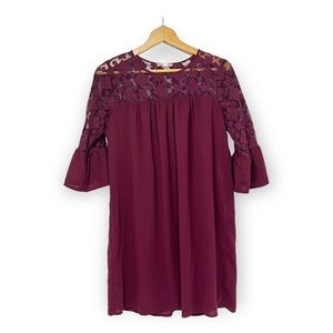 Pleione Burgundy Embroidered Bell Sleeve Dress
